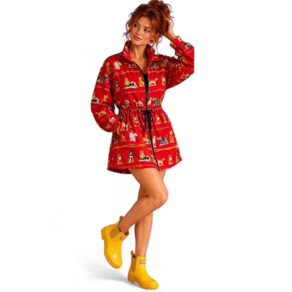 Corey B New York 100% Silk Dog Print Jacket Small Novelty Red